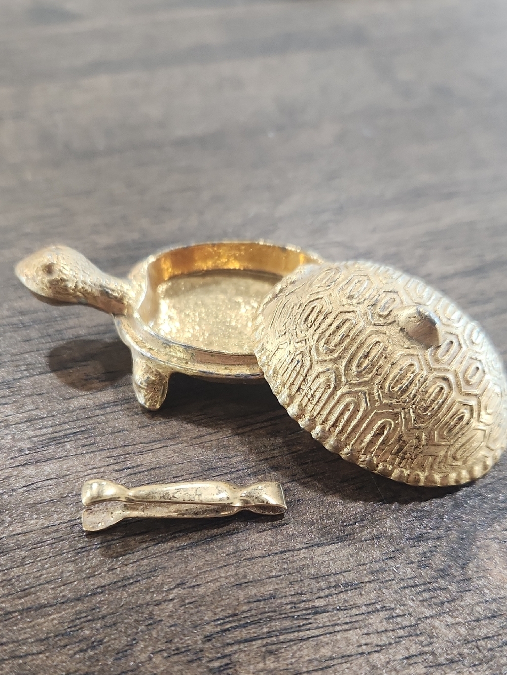 Gold Tone Turtle Trinket Box with Lid And Tongs
